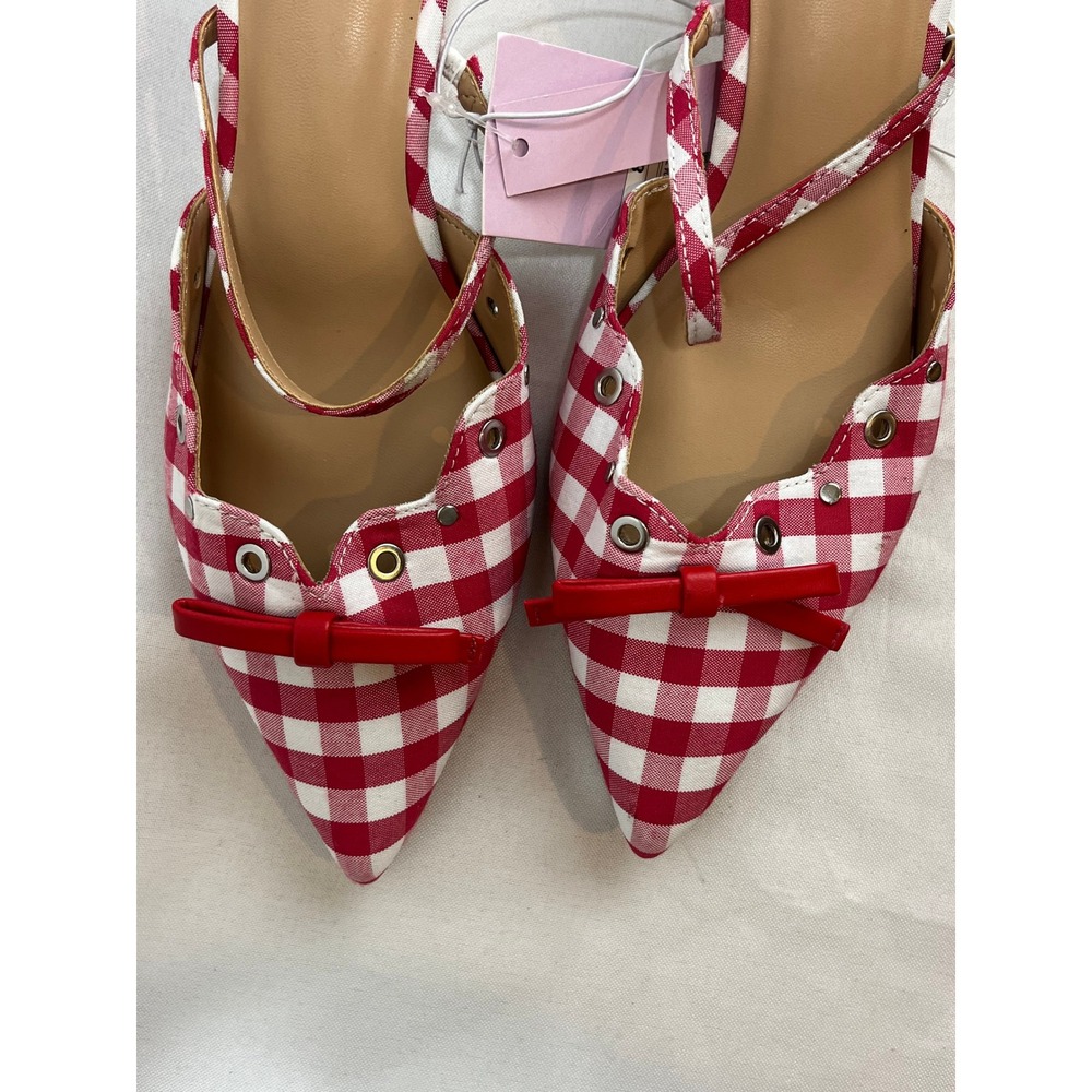 Wild Fable Red Gingham Kitten Heels Bow Grommet Pointed Toe Mules Size 8.5 NEW - Picture 2 of 7